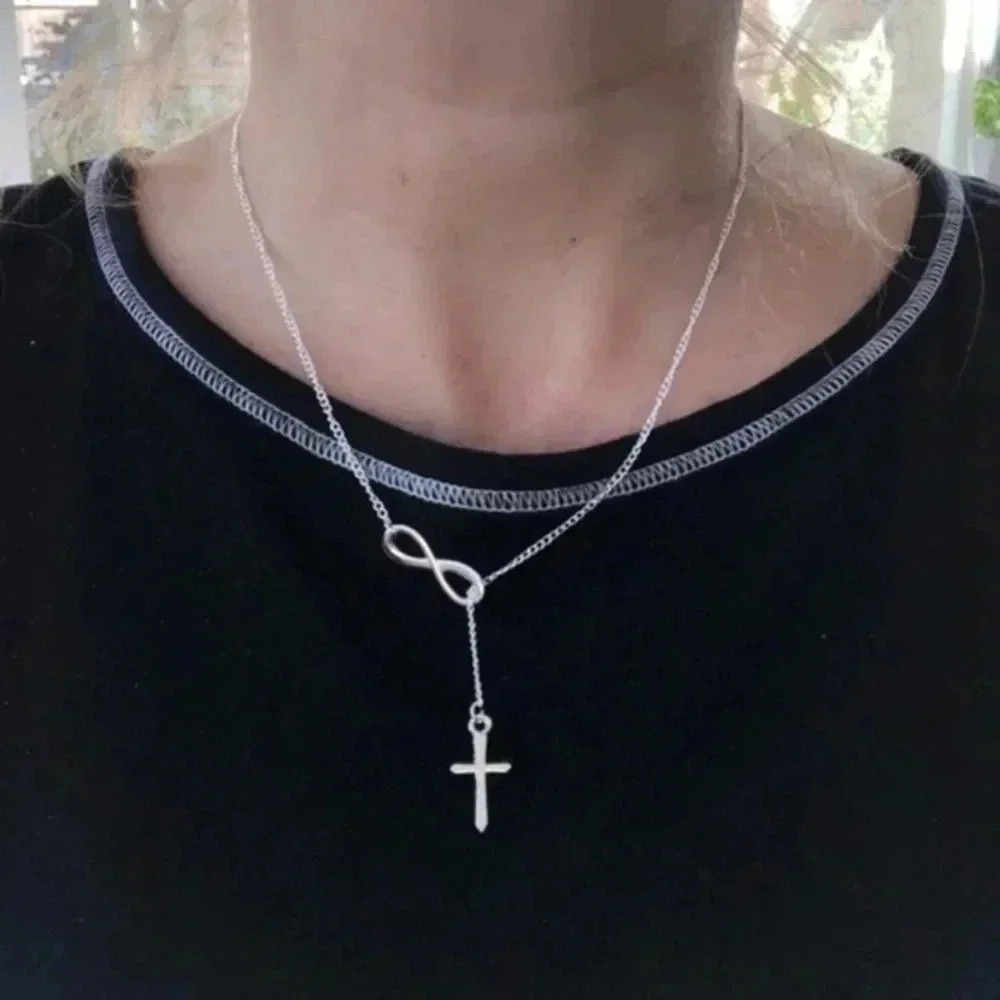 Infinity Loop & Cross Lariat Silver Fashion  Necklace NWT